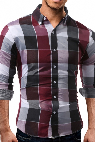 Mfasica Men Long-Sleeve Plaid Turn-Down Collar Blouses and Tops Shirts