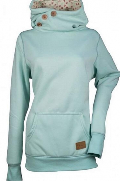 Leisure Plain Button Embellished Funnel Neck Long Sleeve Fitted Pullover Hoodie