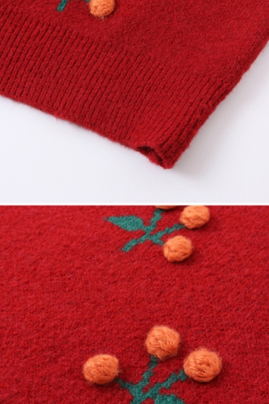 Lovely Pompom Embellished Cherry Pattern Round Neck Long Sleeve Cropped Sweater