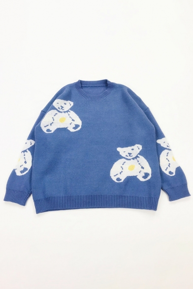 Lovely Teddy Bear Pattern Long Sleeve Boucle Knitted Oversized Pullover Sweater