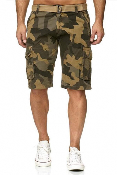 Mens Classic Plain Camouflage Print Zip Fly Loose Relaxed Flat Front Cargo Shorts