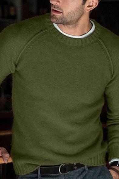YUELANDE-Men Long Sleeve Round Neck Solid Slim Fit Pullover Knit Sweater 