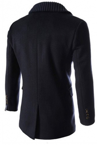 Mens Popular Black Long Sleeve Double Breasted Longline Wool Coat Fitted Peacoat