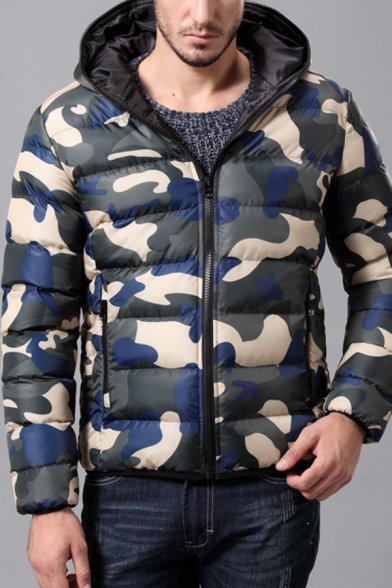 Mens Popular Camouflage Print Long Sleeve Zip Placket Slim Fit Hooded Puffer Coat