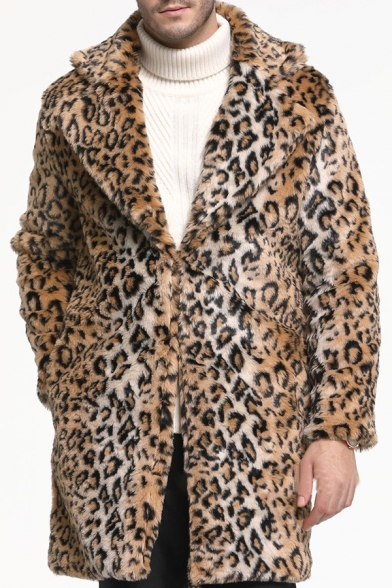 Mens Popular Leopard Pattern Notched Collar Long Sleeves Brown Longline Faux Fur Coat