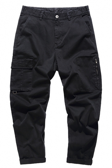 Mens Simple Fashion Drawstring Waist Straight Fit Solid Color Cargo Pants