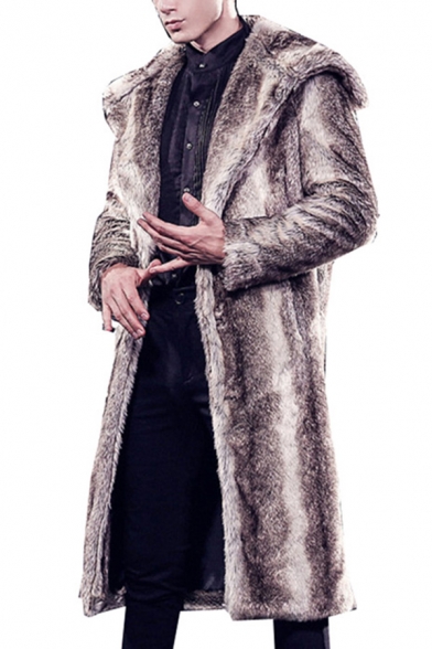 Mens Stylish Plain Long Sleeve Open Front Longline Faux Fur Coat Outdoor Overcoat