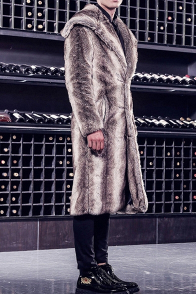 Mens Stylish Plain Long Sleeve Open Front Longline Faux Fur Coat Outdoor Overcoat
