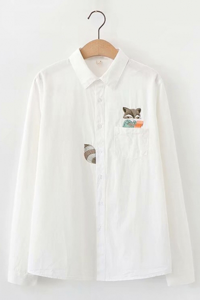 Mori Girl Cute Embroidered Fox Pattern Long Sleeve Button Up White Thin Shirt