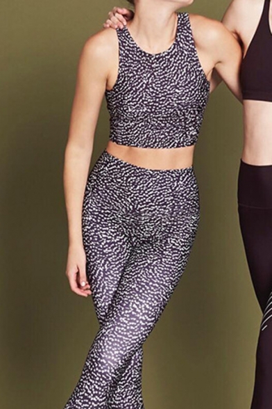 New Stylish Dot Printed Sleeveless Crop Tank Top with Skinny Pants Yoga Fitness Co-ords