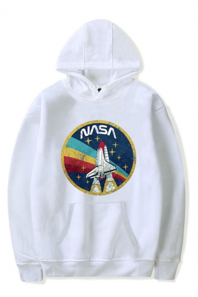 New Stylish NASA Letter Cartoon Rocket Print Long Sleeves Relaxed Loose Pullover Hoodie