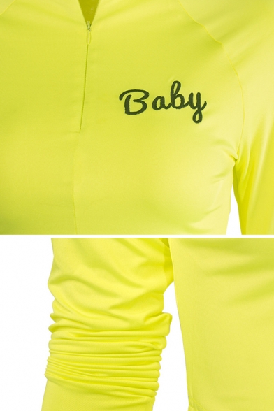 New Trendy BABY Letter Print Long Sleeve Zip Front Fitted Top with Shorts Stretch Fit Yellow Co-ords