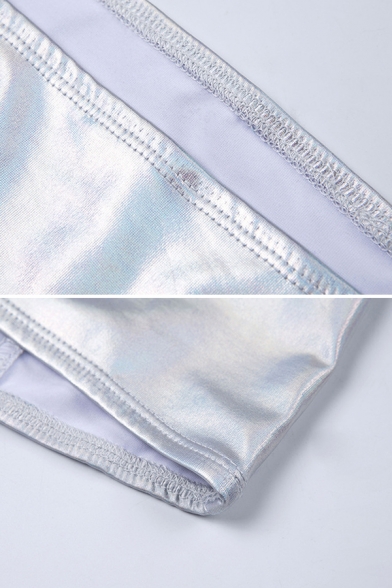 Nightclub Fashion Silver Metallic Crop Bandeau Top with Mini Bodycon Skirt Two Piece Set