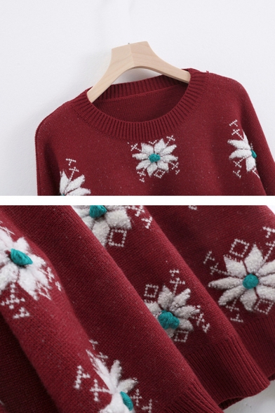 Popular Preppy Looks Long Sleeve Crew Neck Snow Pattern Knit Boxy Pullover Sweater for Girls