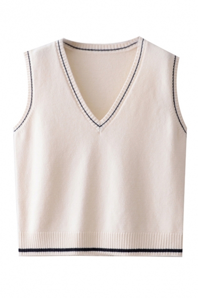 Preppy Girls' Sleeveless Deep V-Neck Contrast Piped Relaxed Fit Plain Purl Knit Pullover Sweater Vest