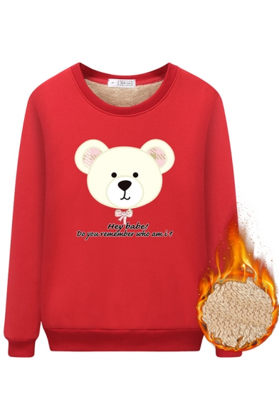 Preppy Looks Long Sleeve Round Neck Bear Printed HEY BABE Letter Sherpa Liner Relaxed Pullover Sweatshirt for Girls