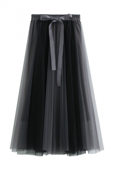 Pretty Cute Bow Tie Waist Mesh Patched Contrasted Maxi Pleated A-Line Skirt for Ladies