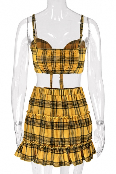 Sexy Womens Yellow Plaid Print Knotted Front Cami Top with A-Line Mini Skirt Co-ords