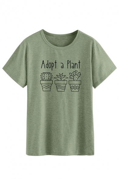 Simple Letter ADOPT A PLANT Printed Short Sleeve Crew Neck Graphic T-Shirt