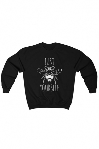 Simple Letter Just Bee Yourself Printed Long Sleeve Round Neck Loose Pullover Sweatshirt