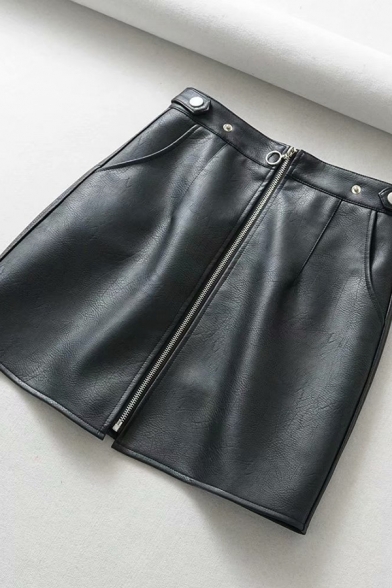 Street Girls' High Waist O-Ring Zipper Front Plain Leather Mini A-Line Skirt