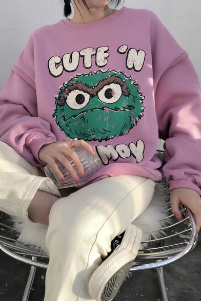 Streetwear Cool Long Sleeve Crew Neck Letter CUTE'N CRUMPY Cartoon Print Boxy Pullover Sweatshirt for Girls