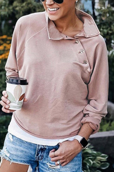 Stylish Street Women Long Sleeve Mock Neck Button Detail Asymmetric Loose Fit Pullover Sweatshirt in Pink