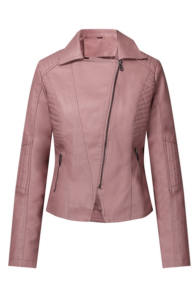 Trendy Girls' Long Sleeve Notch Lapel Collar Zipper Front Pockets Side Ruched Fitted Leather Plain Jacket
