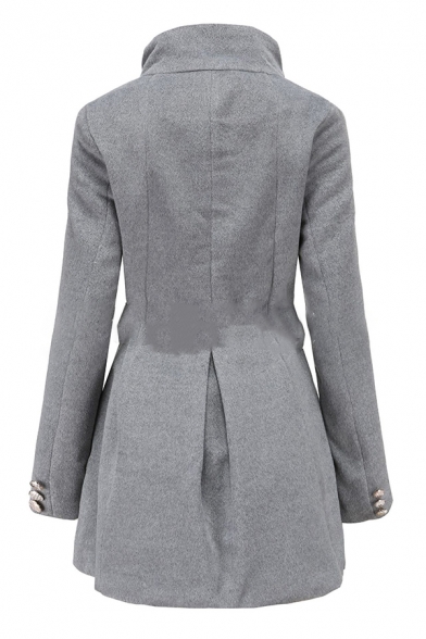 Trendy Plain Long Sleeve Stand Neck Button Down Bow Tie Waist Fitted Long Wool Coat for Women