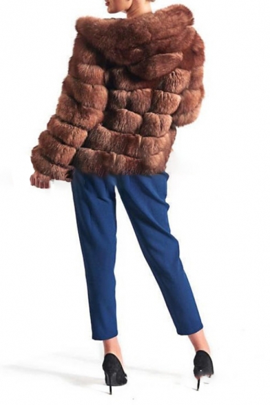 Trendy Warm Women's Long Sleeve Hooded Contrasted Short Baggy Fox Fur Jacket