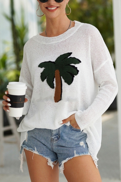 Trendy White Long Sleeve Crew Neck Coconut Palm Slit Side Relaxed Purl-Knit Pullover Sweater Top for Women