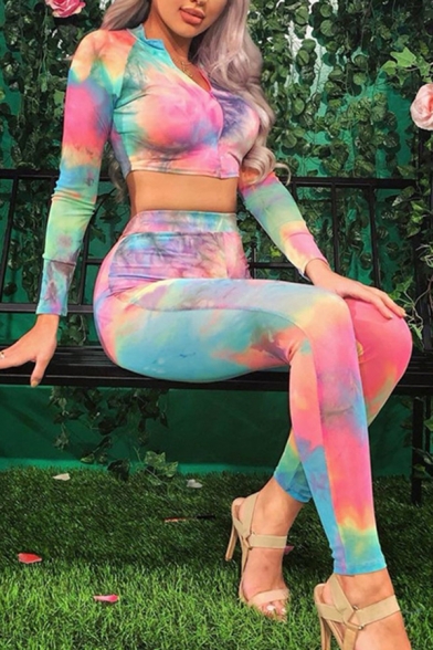 Unique Tie Dye Pattern Long Sleeve Half Zip Front Top with Skinny Pants Two Pieces Set