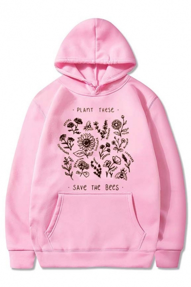 Unisex Cartoon Floral Letter PLANT THESE SAVE THE BEES Print Long Sleeve Boxy Hoodie
