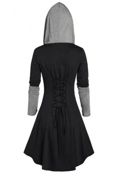 Vintage Medieval Cosplay Tie-Back Block Color Long Sleeve Hooded Mini Dress