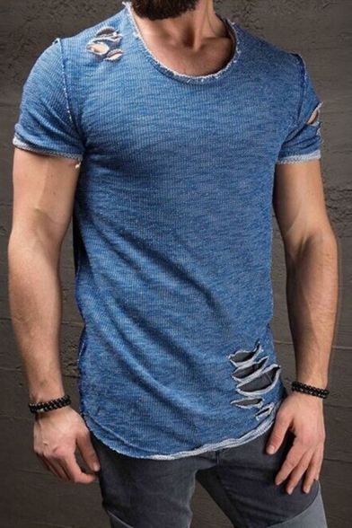 Vintage Style Plain Short Sleeves Round Neck Destroyed Ripped Detail Fitted T-Shirt
