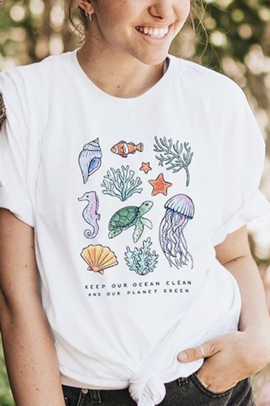 White Cartoon Sea-Life Letter KEEP OUR OCEAN CLEAN AND OUR PLANET GREEN Short Sleeve Tee