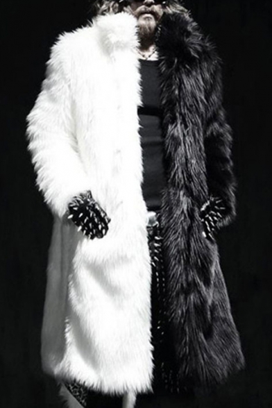 Winter Stylish Color Block Panel Long Sleeve Open Front Longline Faux Fur Coat