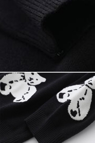 Women Cute Basic Long Sleeve Crew Neck Button Front Bear Pattern Baggy Knit Cardigan in Black