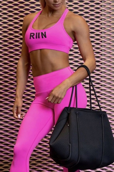 Womens Fitness Stylish Letter RIIN Print Cross Back Cropped Tank Top & Pants Suit