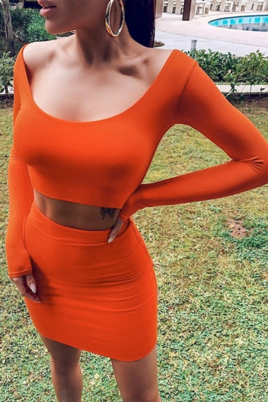 Womens Sexy Long Sleeves Scoop Neck Crop T-Shirt with Mini Skirt Plain Two Piece Set