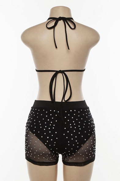 Black Sexy Rhinestone Embellishment Tied Halter Top with Shorts Triangle Bikini Set
