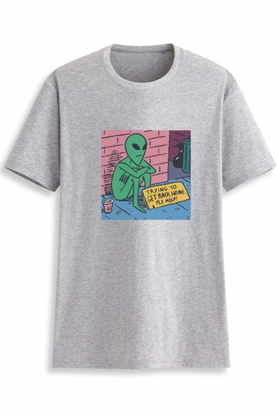 Cartoon Alien Pattern Short Sleeve Round Neck Casual Fitted T-Shirt for Women