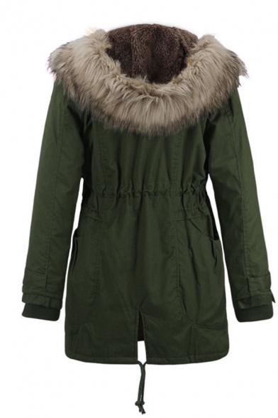 Casual Cozy Long Sleeve Hooded Zip Button Front Drawstring Pockets Side Relaxed Midi Plain Parka Coat for Women