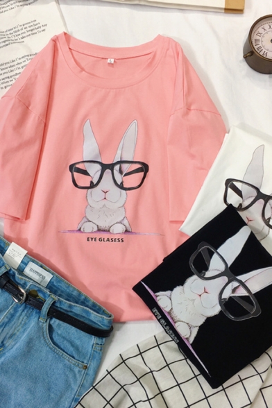 Casual Cute Short Sleeve Crew Neck Letter EYE GLASSES Rabbit Pattern Loose Tee for Girls