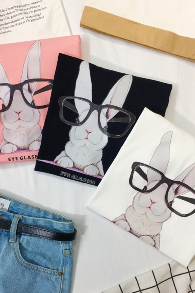 Casual Cute Short Sleeve Crew Neck Letter EYE GLASSES Rabbit Pattern Loose Tee for Girls