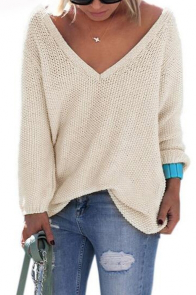 Casual Plain Long Sleeve Deep V-Neck Baggy Waffle Knit Pullover Sweater Top for Female