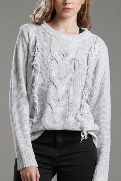 Casual Trendy Girls' Long Sleeve Round Neck Cable Knit Tassel Relaxed Pullover Sweater in Grey