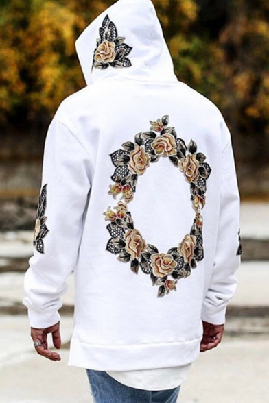 Chic Floral Flower Print Long Sleeve Split Side Loose Fit Hooded Sweatshirt for Men