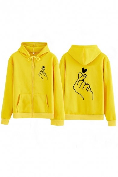 Cool Casual Long Sleeve Drawstring Finger Heart Zip Front Pockets Relaxed Hoodie for Women