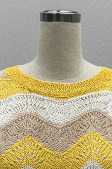 Cozy Fashion Ladies' Blouson Sleeve Boat Neck Stripe Print Hollow Knit